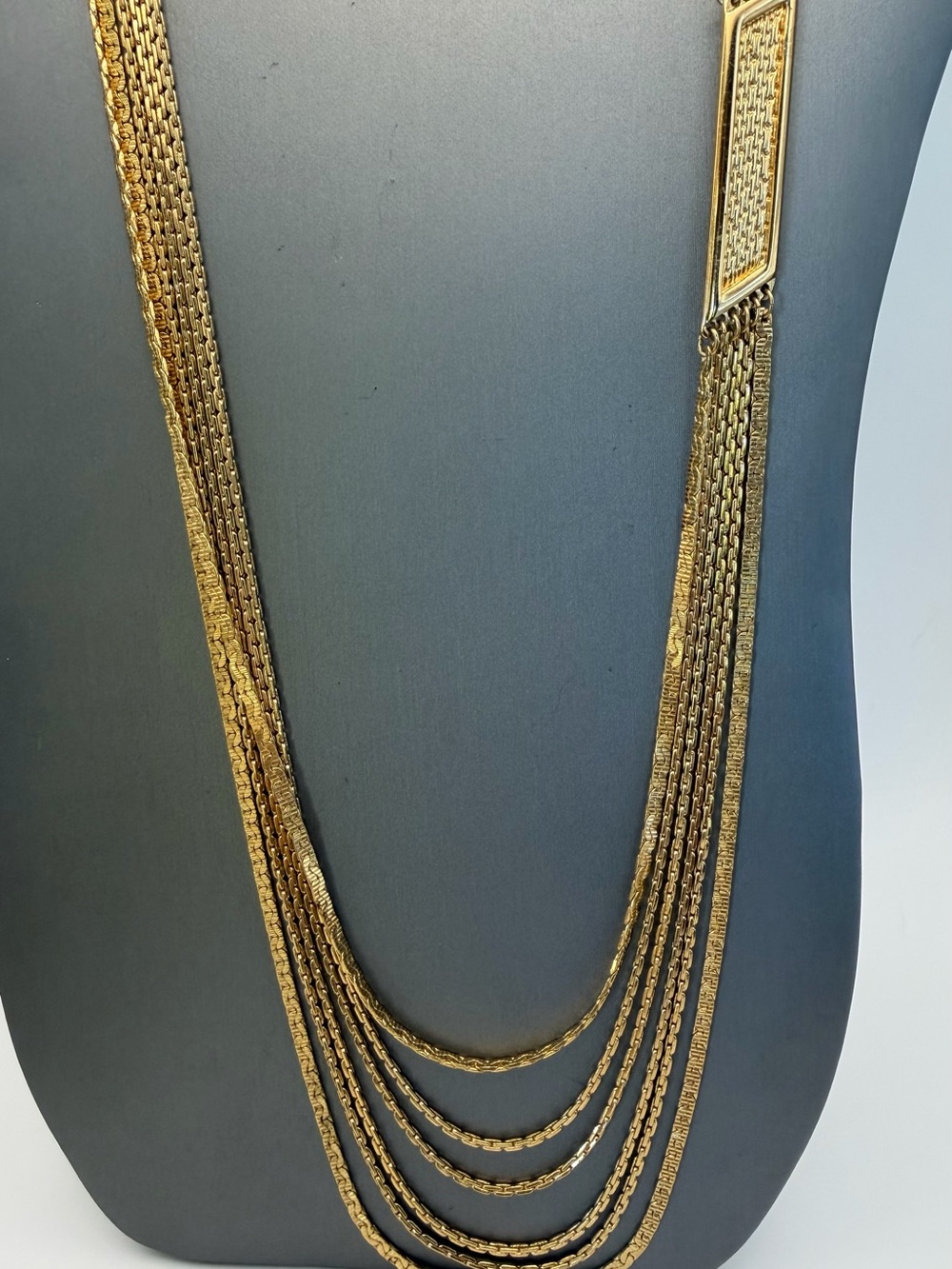 Monet Six Strand Gold Tone Chain Necklace Greek Key Statement 28” Vintage